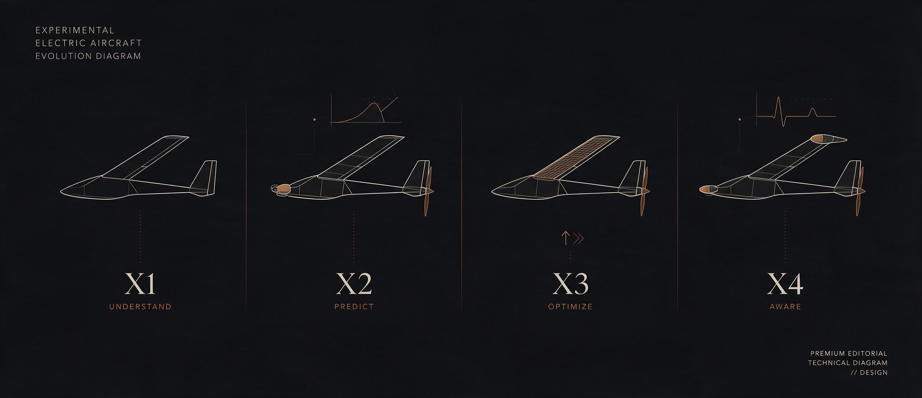 Kyte X1 → X4 evolution diagram — four aircraft silhouettes showing progressive capability additions