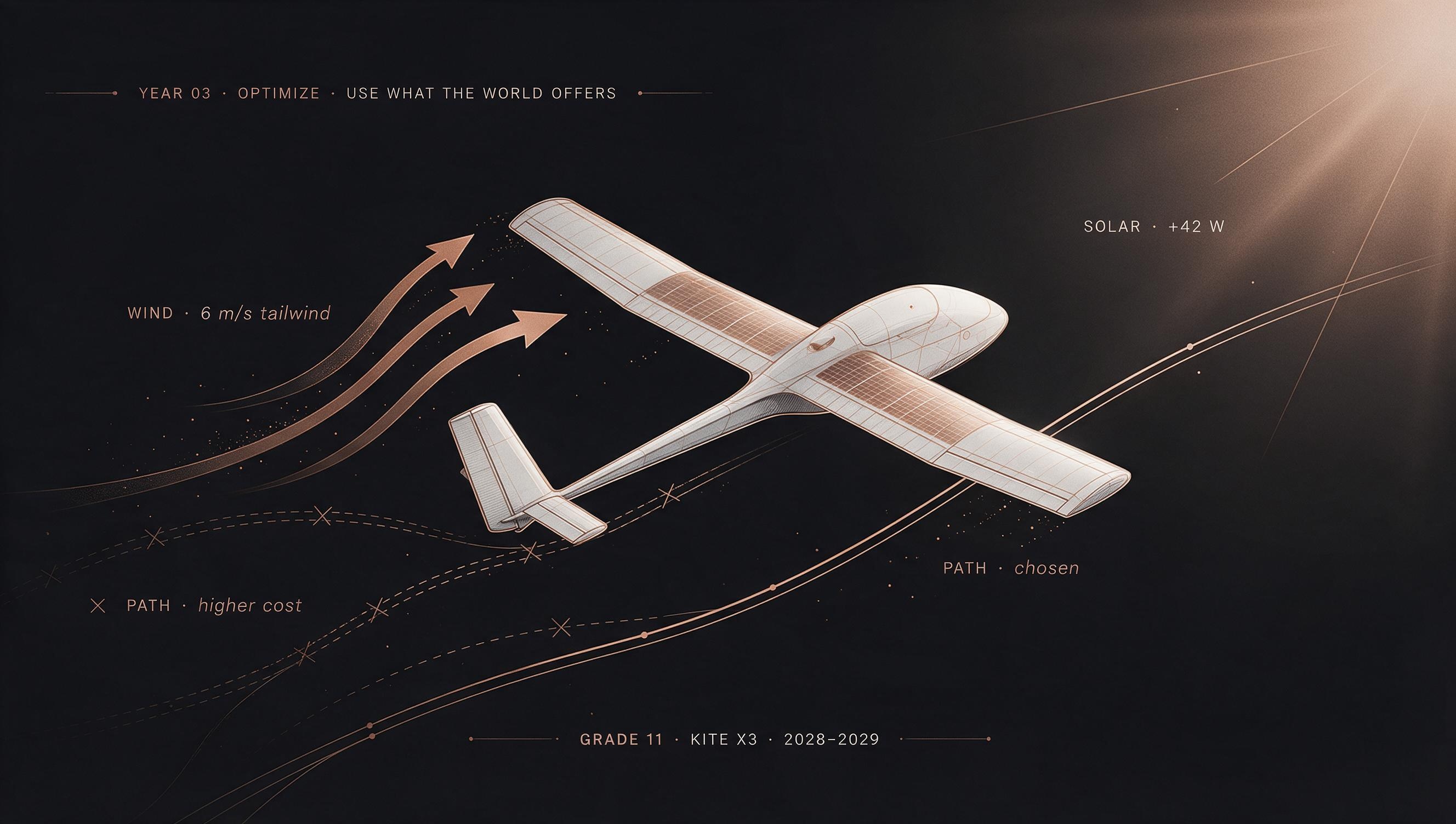 Kyte X3 solar-electric aircraft flying diagonally up-right, threading through copper wind arrows and sunlight beams while rejecting higher-cost alternate paths.
