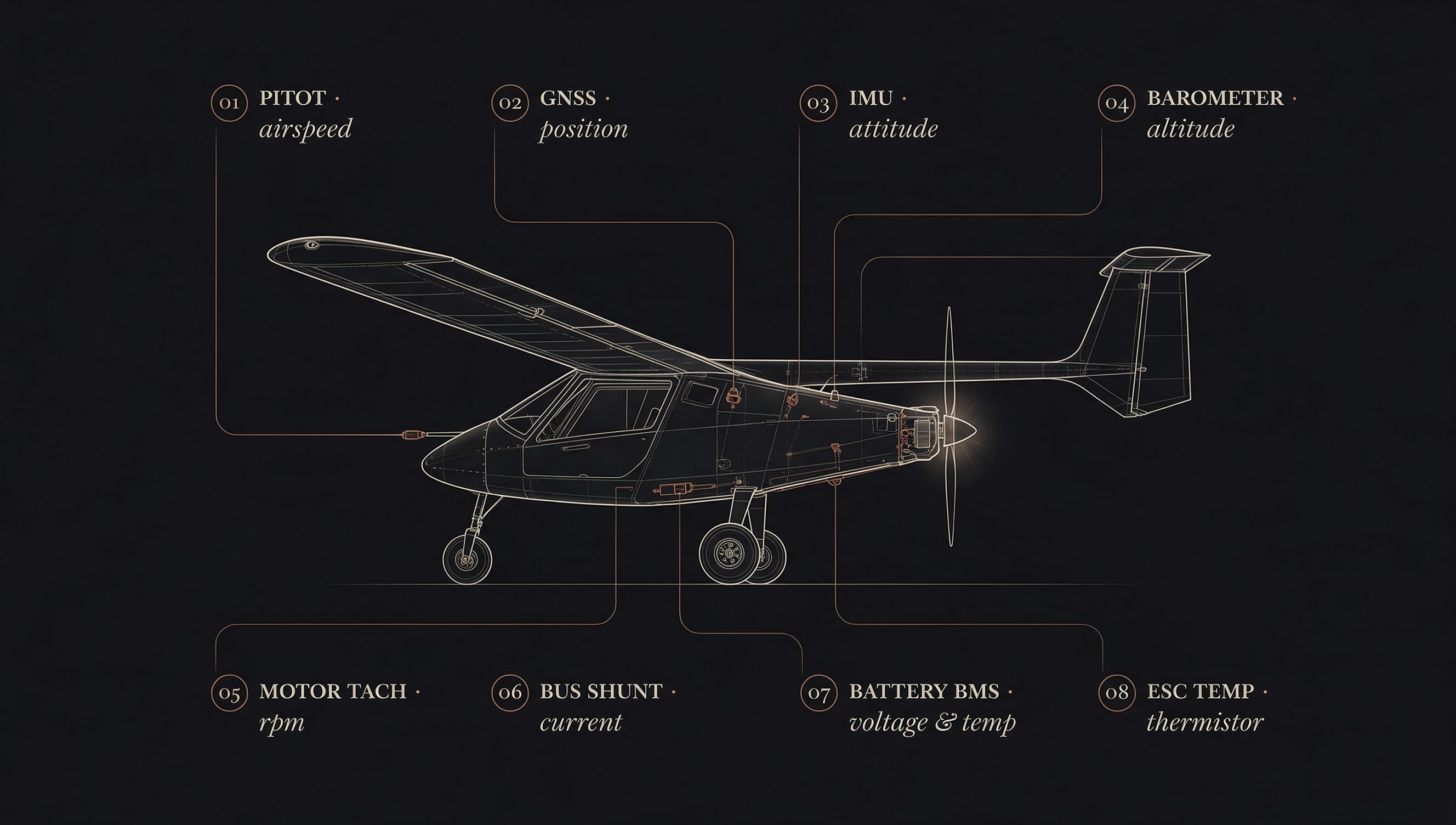 Side-view exploded diagram of Kyte X1 showing eight numbered sensor callouts: pitot, GNSS, IMU, barometer, motor tach, bus shunt, battery BMS, and ESC temperature