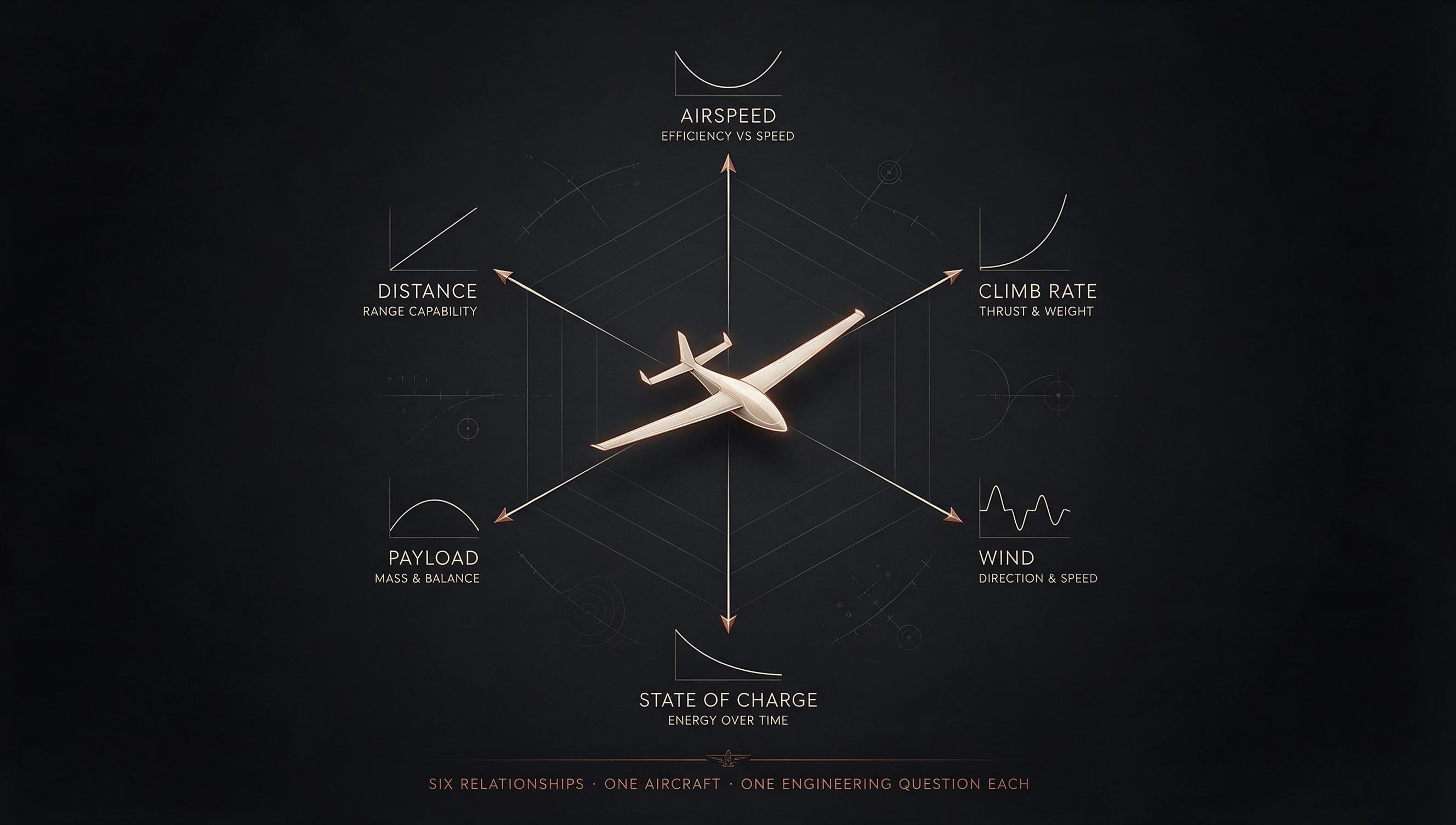Compass-rose diagram of Kyte X1 at center with six radial axes labelled AIRSPEED · CLIMB RATE · WIND · STATE OF CHARGE · PAYLOAD · DISTANCE, each showing a miniature expected curve at its endpoint