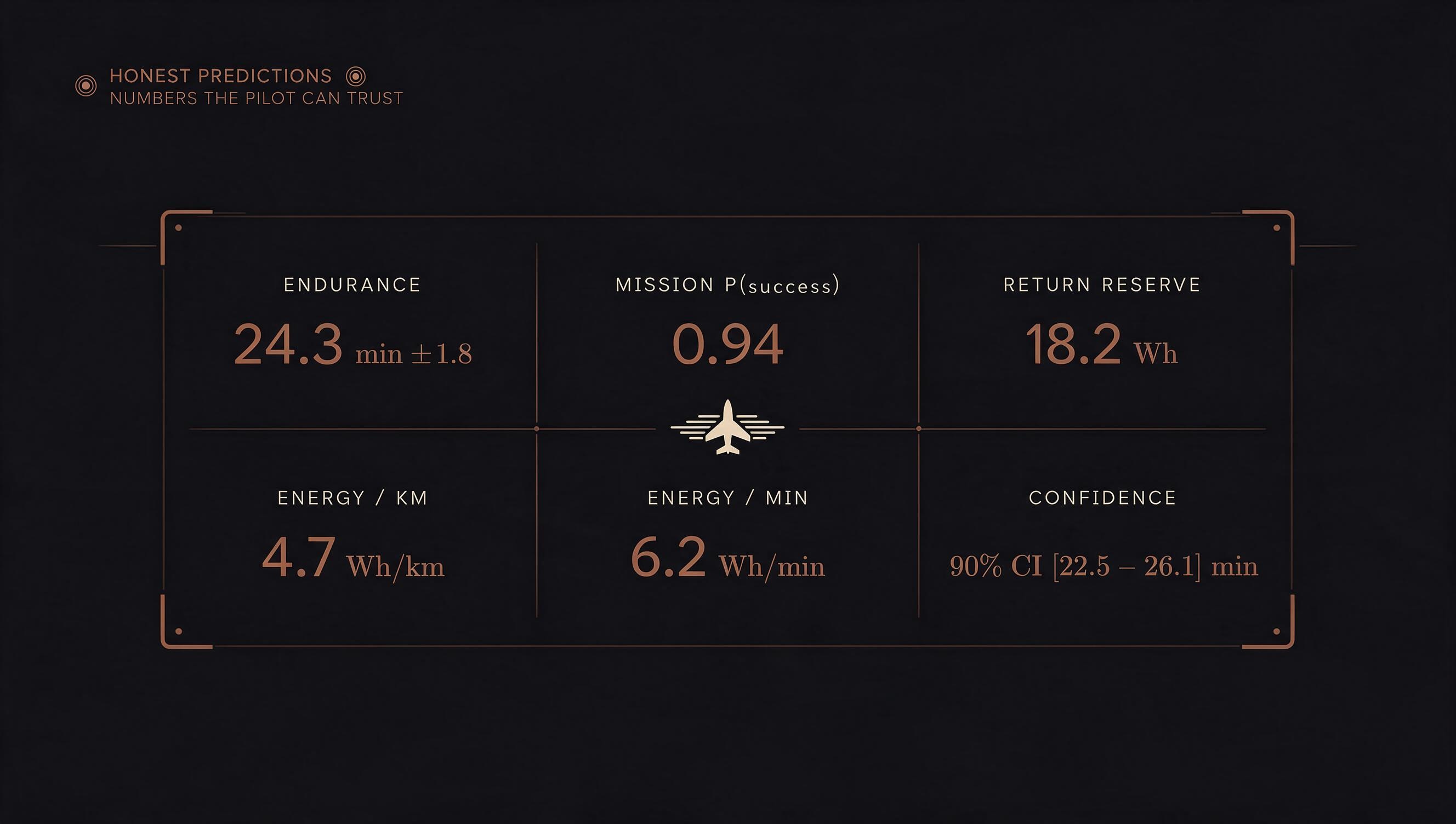 Cinematic cockpit-style HUD showing six honest predictions: endurance, mission probability, return reserve, energy per km, energy per minute, and a 90% confidence interval.
